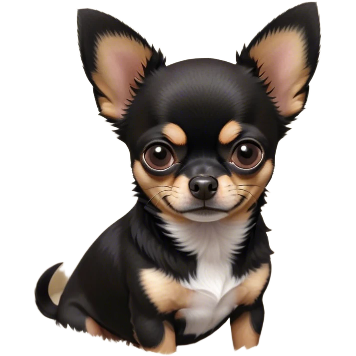 Cinematic Meme-Worthy Grumpy Black Tri Short Haired Chihuahua Portrait Emoji, Head held high but eyes filled with dramatic disappointment, smooth black tri-color fur with bold white and tan markings, deeply furrowed brow forming an unmistakable scowl, floppy ears slightly angled back in disapproval, piercing dark eyes glaring with pure exasperation, Simplified yet hilariously over-exaggerated features, highly detailed, glowing with an aura of supreme annoyance, high shine, exhausted yet judgmental, stylized with an almost regal pettiness, bright but brooding, soft glowing outline, capturing the essence of a pup that has seen it all and is thoroughly unimpressed, so meme-worthy it feels like it could instantly become the next viral sensation of grumpiness! emoji