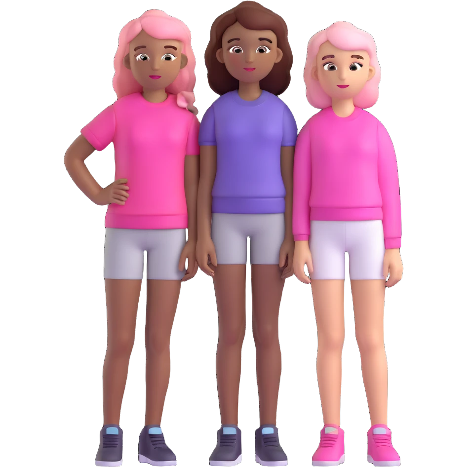 a black girl with dark brown hair next to a white girl with pink hair and a white girl with brown hair emoji