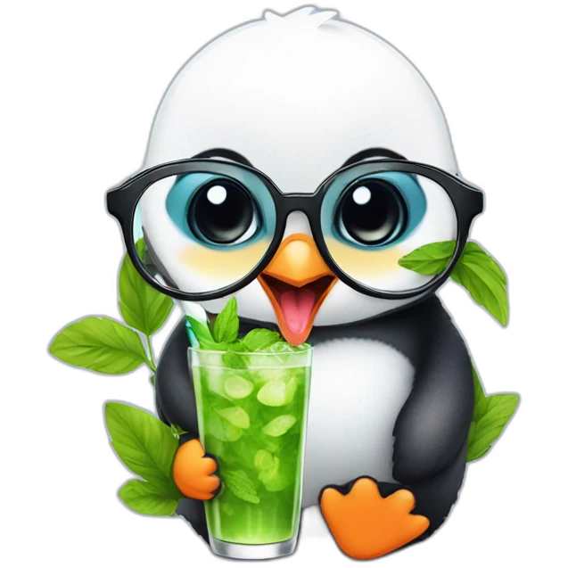 baby penguin with big glasses drinking mojito emoji