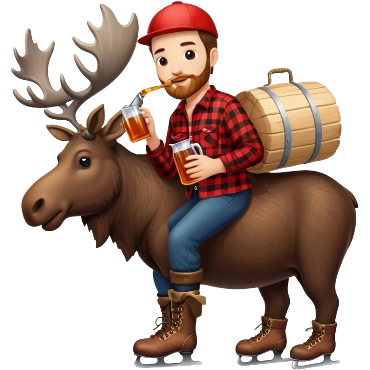 Canadian lumberjack man wearing red and black flannel shirt, drinking from a jug of maple syrup, holding a Canadian flag, and wearing ice skates, while riding on a moose, with snowcapped mountains in the background emoji