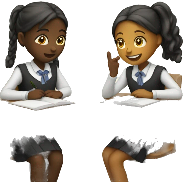 Two schoolgirl at the table are talkng emoji