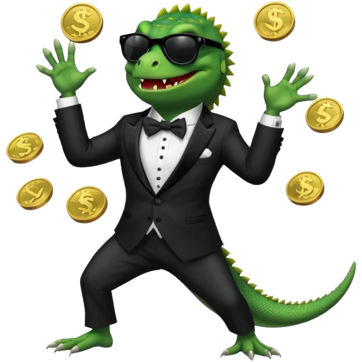 capitalist iguana banker in tuxedo and black sunglasses dancing crazy with coins emoji