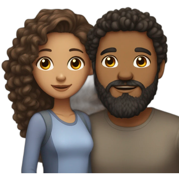 light brown skin girl with long curly brown hair and her boyfriend with black beard and light skin emoji