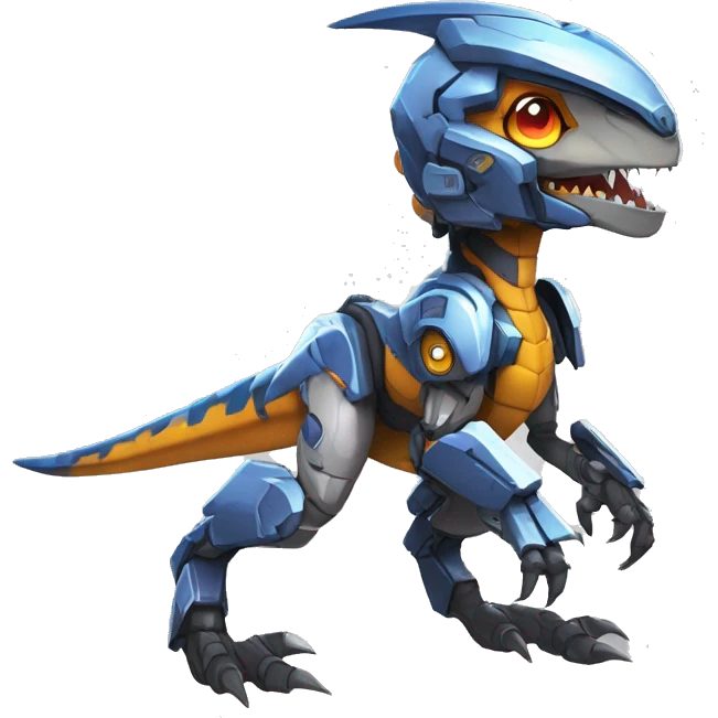 Colorful Edgy Chibi Greymon-Velociraptor-Genesect-Fakémon-Pokémon wearing a with a futuristic visor-helmet And Mecha-suit Full Body emoji