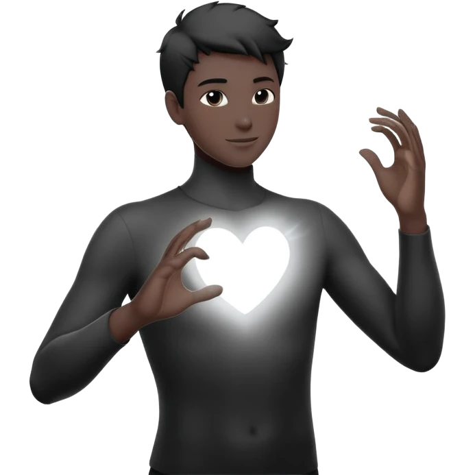 youthful male silhouette with glowing heart spark and flowing energy at fingertips, minimalist black or silver with soft dynamic motion emoji