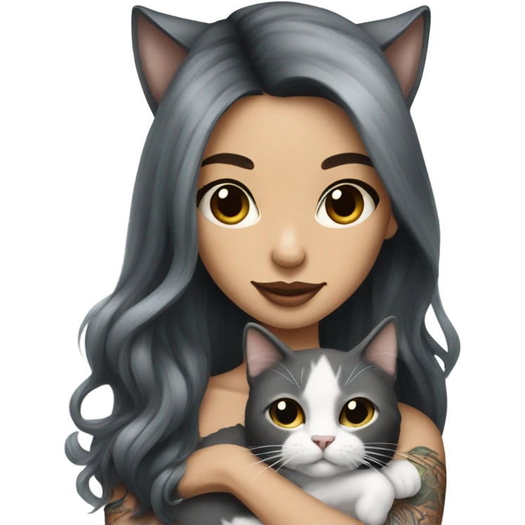 Beautiful dark haired tattooed woman holding gray and white long hair cat emoji