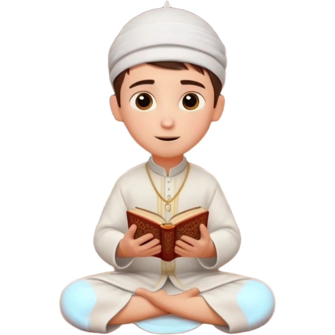 Personnage 3D mignon en style Pixar, un petit garçon portant un qamis blanc et un kufi, tenant un tapis de prière, entouré de lanternes brillantes, fond doux, couleurs chaudes, emoji
