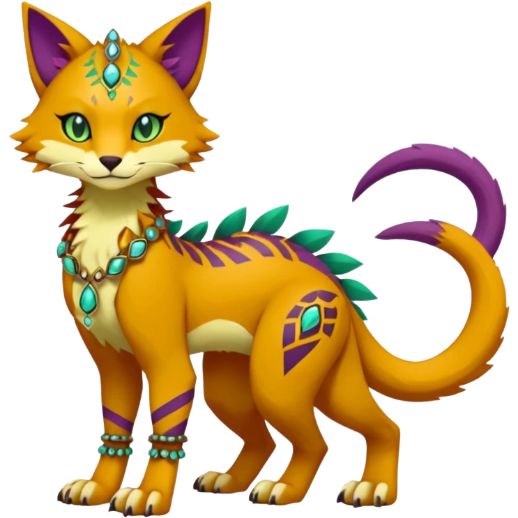 Kawaii cute reddish orangish yellowish greenish purplish exotic tribal beautiful pretty elegant divine edgy feline-vernid-sergal-Fakémon-Pokémon-Digimon-fursona-animal-creature with accessories, jewelries, full body, with intricate detailed markings emoji