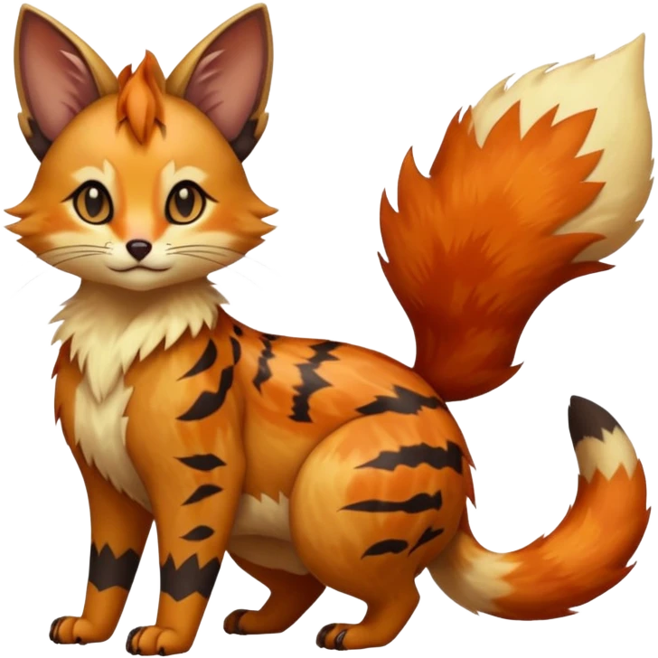 realistic  ember-rust-copper fur molten with glowing magma seams and smoky tips beautiful elegant pretty precious cute  Fakémon-Pokémon-opossum-feline-serval-caracal-chinchilla-Furret-Minccino-hybrid-creature with a big fluffy bushy tail (full body) emoji