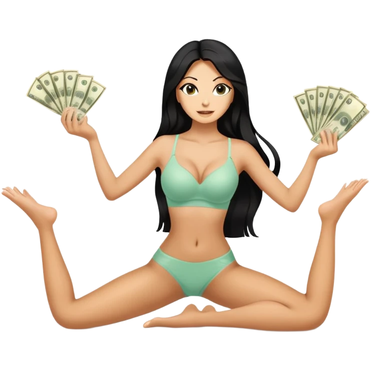woman with bra, tanned long black hair, holding money, and splits . Money in floor emoji