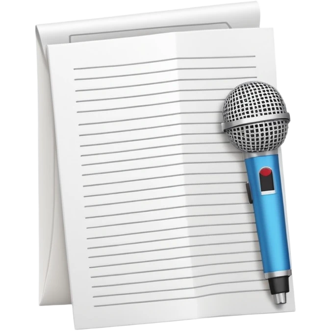 minimalist oconography design: white document with a folded top-right corner and horizontal lines, outlined in a brick pattern. At the top center of the document is an icon indicating ai. In front of the document a microphone icon emoji