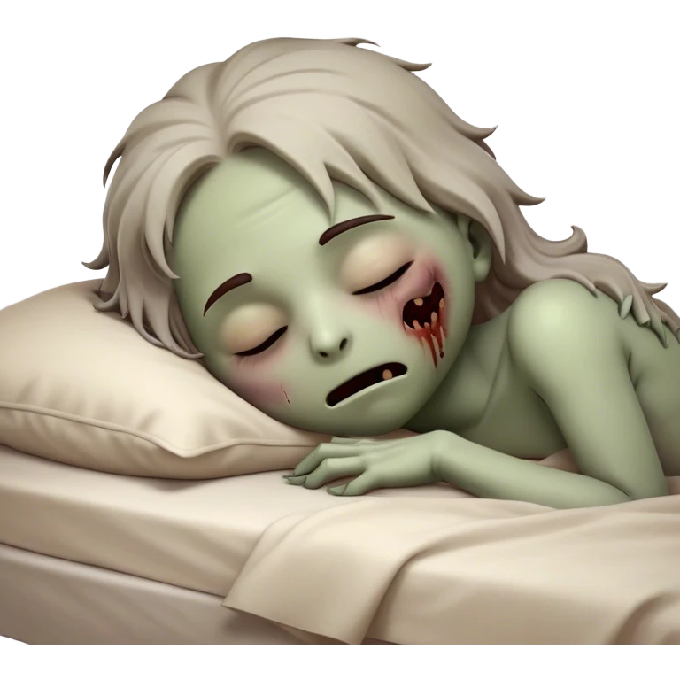 Meme-Worthy Cute Sleeping Zombie Portrait Emoji, with a delightfully quirky, slightly disheveled decaying face in soft ashen hues, head tilted back in peaceful, relaxed sleep with softly closed eyes and a tiny, endearing smile, simplified yet irresistibly charming, highly detailed with a soft eerie glowing outline that captures the gentle, unexpected cuteness of a zombie in serene repose! emoji