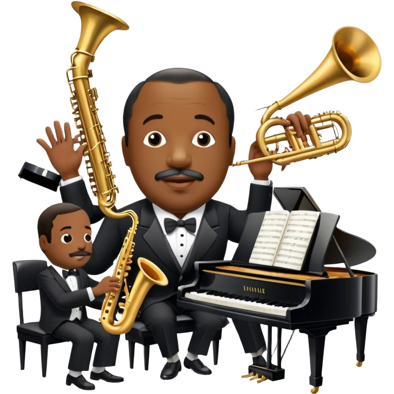 Icon for Jazz Music: Count Basie Orchestra, with Count Basie at the piano surrounded by jazz musicians playing instruments like saxophones, trumpets, and drums. Floating musical notes should capture the energetic and smooth vibe of big band jazz. Transparent background. emoji