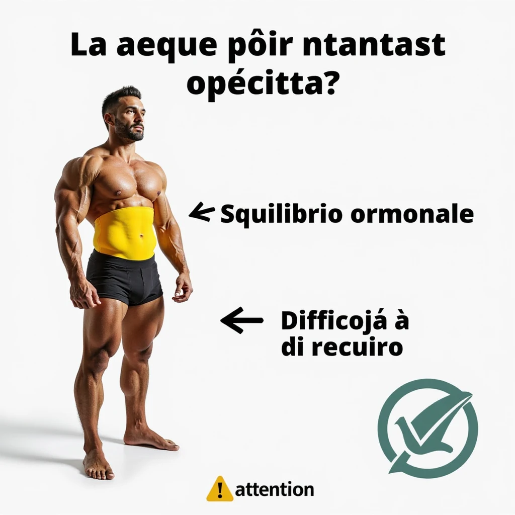 realistic infographic in Italian: bodybuilder with lower torso highlighted in yellow, arrows pointing to 'Squilibrio ormonale' and 'Difficoltà di recupero', attention symbol, educational style, white background emoji