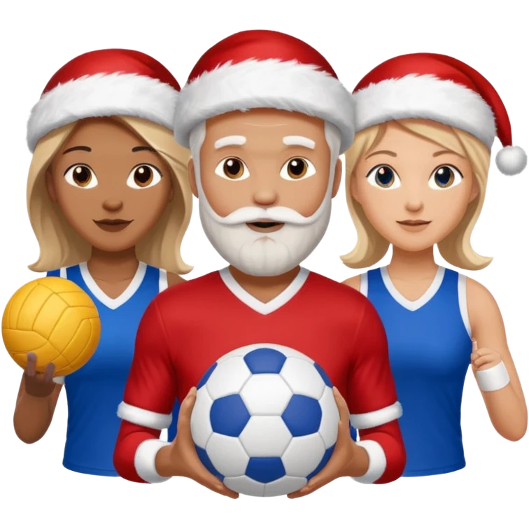 3 atletas, um homem no meio e duas mulheres com cores de pele diferentes, usando elementos esportivos, bola de futebol e bola de vôlei. Coloque um chapéu de papai noel das cores verde e com roupas azul e branco emoji