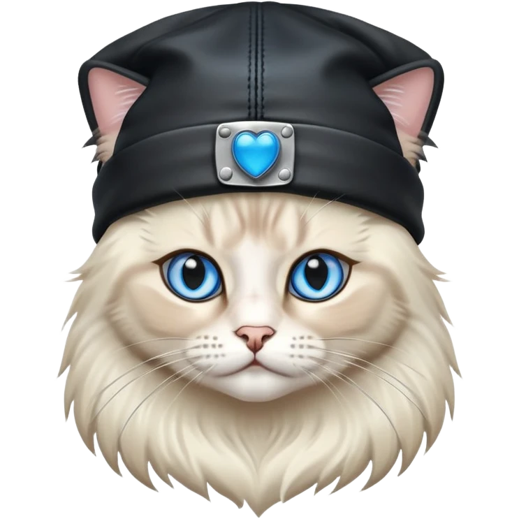 A Ragdoll cat wearing a leather jacket and a beanie emoji