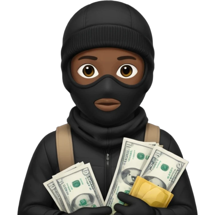 Black Ski mask holding bags of money with  skin color black emoji