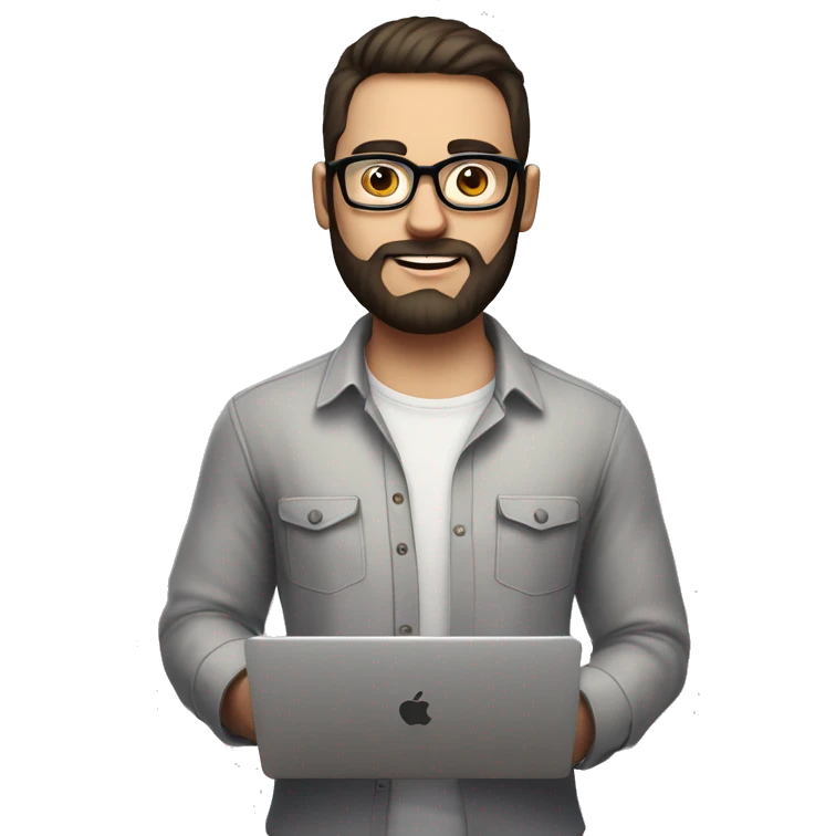Emoji man with beard holding macbook in hands wearing glasses and shirt, profession - graphic designer. Features: white skin, weight 100 kg, dark hair, age 21 years, earring in left ear emoji