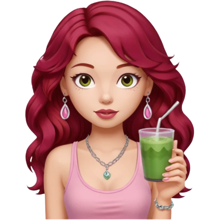 a pretty fair bratz girl with wavy dark red hair, wearing a pink tank top . silver dainty layered necklaces, carrying a matcha emoji