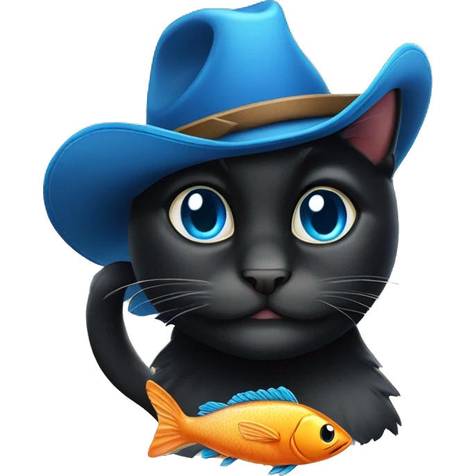 cowboy black cat smilling with fish and blue eyes emoji
