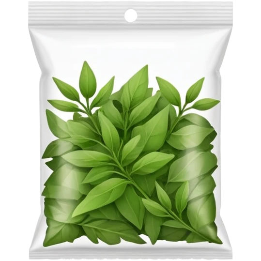 small plastic pack with green dried herbal leaves which are clumped together  emoji