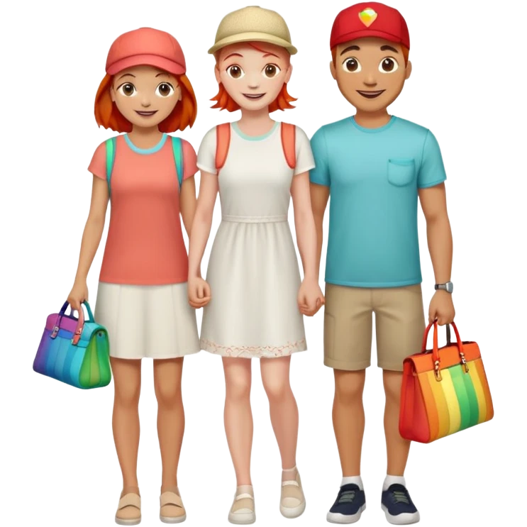 A happy family of four - father in white t-shirt and cap, mother with red hair in coral dress, young daughter in matching dress with rainbow handbag, teenage son in light embroidered shirt, all smiling together emoji