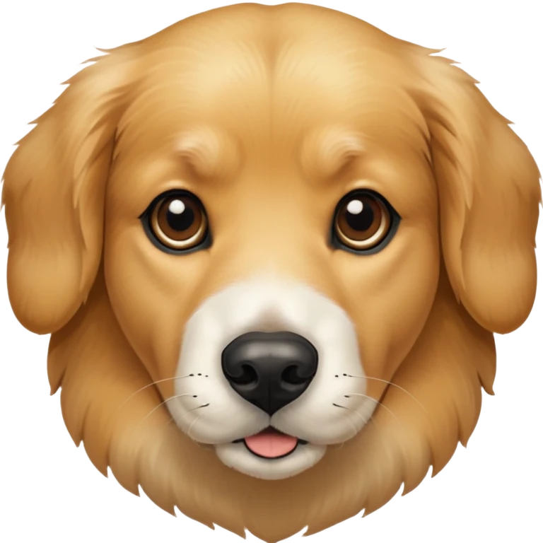 This is a big, dog like a golden retriever fur with a white and brown face who got way too close to the camera, has a black nose and big black eyes only the fur texture is like golden retriever  emoji