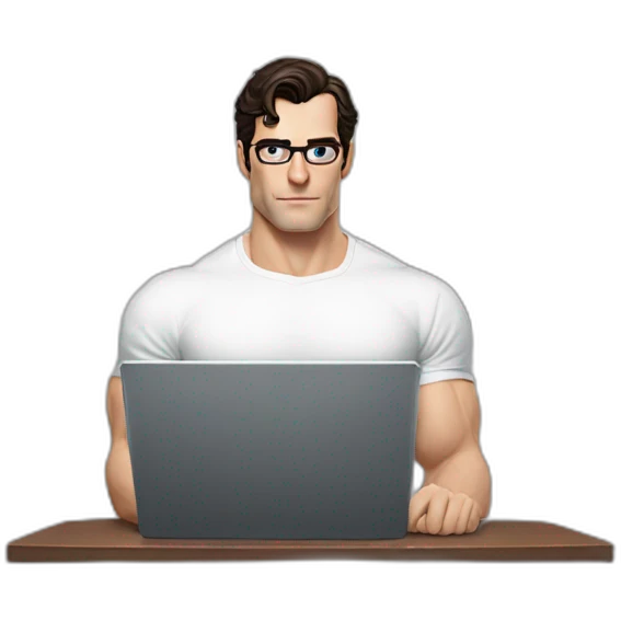 front view of henry cavill clark kent wearing white t-shirt using a laptop emoji