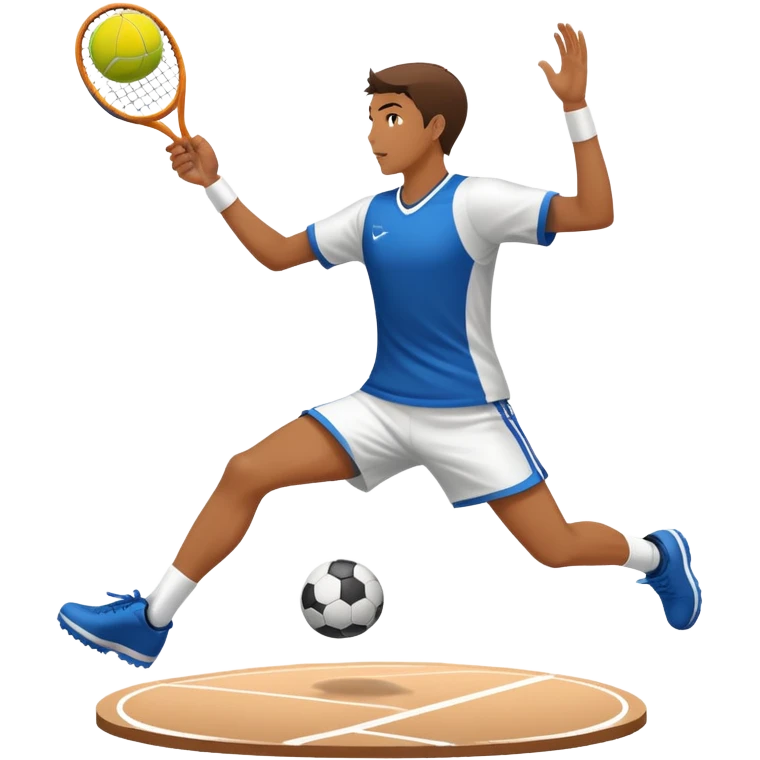 An icon showcasing a virtual sports game, featuring a player in action on the stadium or court. The design includes dynamic movement, like kicking a soccer ball or swinging a tennis racket, with a virtual scoreboard and crowd in the background. Transparent background emoji