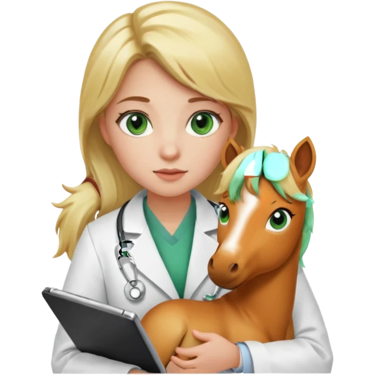 A young woman with green eyes and blonde hair, a veterinarian, with a caramel-colored pony in her lap. emoji