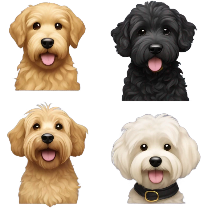 Golden golden doodle with wavy coat and white bichon with curly coat and Cairin Terrier with black coat emoji
