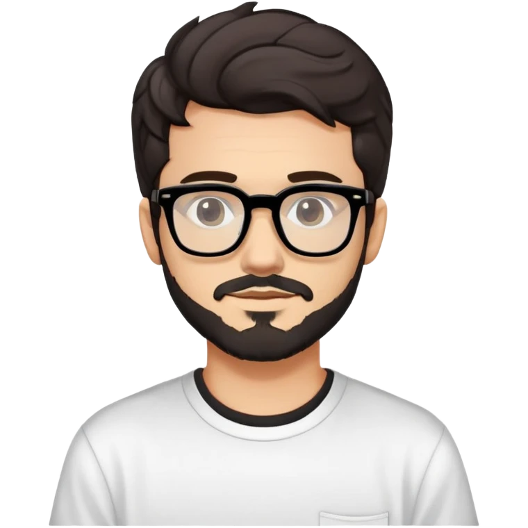 young adult man with light skin, short beard, dark wavy hair, relaxed expression, very wide rectangular glasses with thick black acetate frame and thick double bridge, retro oversized style, colorful open shirt and white t-shirt emoji