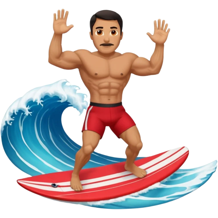 50 year old, muscular, dark haired, tan, red shorts man riding a big wave emoji