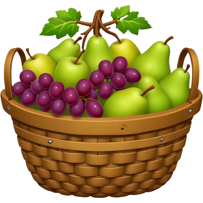 medieval fruit basket object icon, grapes apples pears, woven basket, rustic medieval vibe, 3D cartoon, mobile game icon style, clean background, no text, no watermark
 emoji