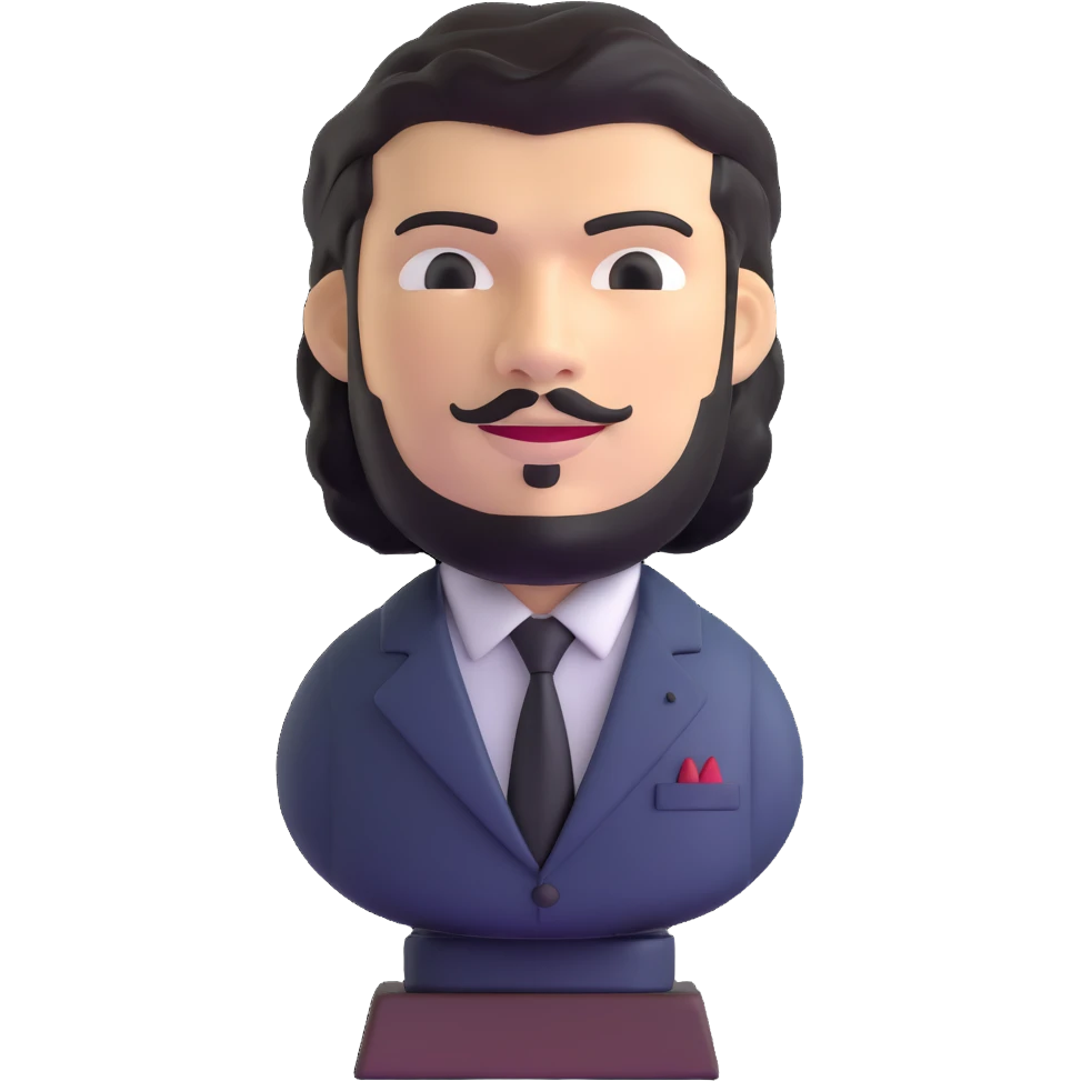 statuette of Che Guevara in a suit and tie, big head, confident smile emoji