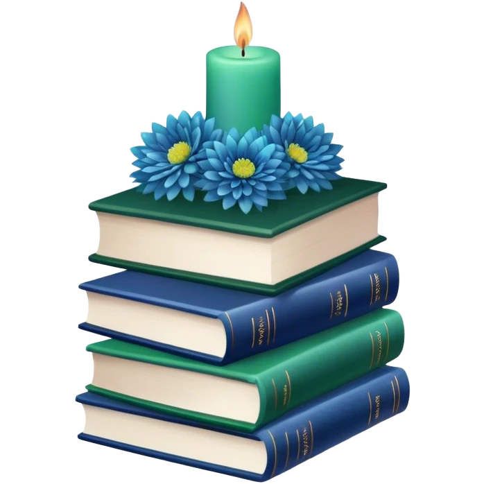 A green book stack adorned with blue chrysanthemums and a deep blue candle  emoji