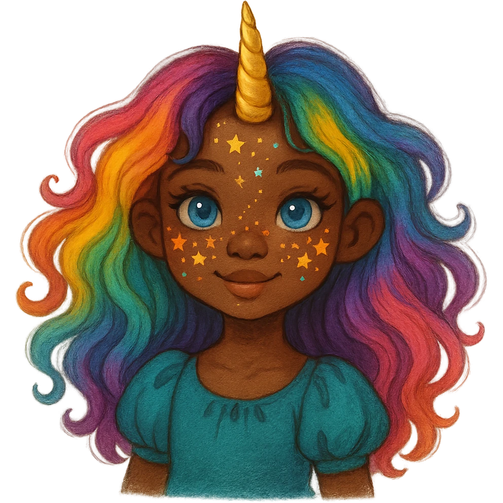 a whimsical girl with dark skin, rainbow hair, blue eyes, a golden unicorn horn, and star freckles emoji