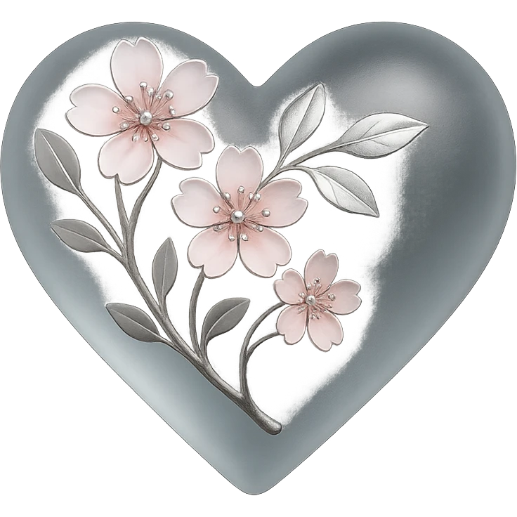 heart with sakura and silver accents, matte glass style emoji