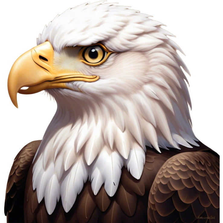 Cinematic Noble American Eagle Portrait Emoji, Poised and regal, with a powerful, broad build, a distinctive white-headed silhouette contrasting a dark, formidable body, and piercing, intense eyes, Simplified yet sharp and sophisticated features, highly detailed, glowing with a soft, majestic radiance, high shine, intelligent and commanding, stylized with an air of national pride, focused and vigilant, soft glowing outline, capturing the essence of a watchful and confident American eagle that appears ready to soar out of the screen with effortless authority! emoji