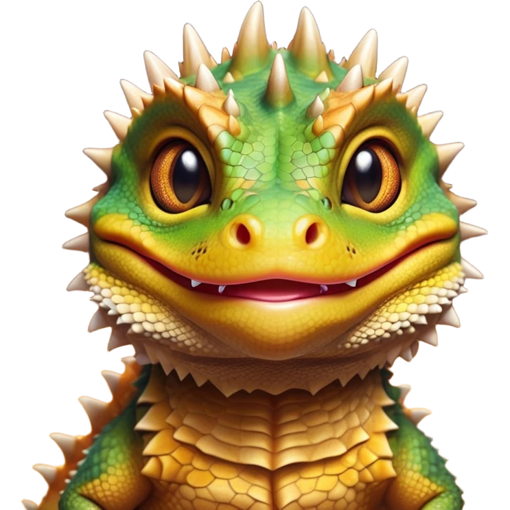 Cinematic Cute Bearded Dragon Portrait Emoji, Head tilted playfully and inquisitively, featuring a glossy, scaled hide in warm olive hues with an adorably scrunched spiky beard and round, sparkling eyes full of curious mischief, Simplified yet irresistibly adorable features, highly detailed, glowing with a warm, friendly glow, high shine, affectionate and lively, stylized with a touch of rugged whimsy, bright and endearing, soft glowing outline, capturing the essence of a mischievous yet loving dragon, so playful it feels like it could scamper out of the screen into your arms! emoji