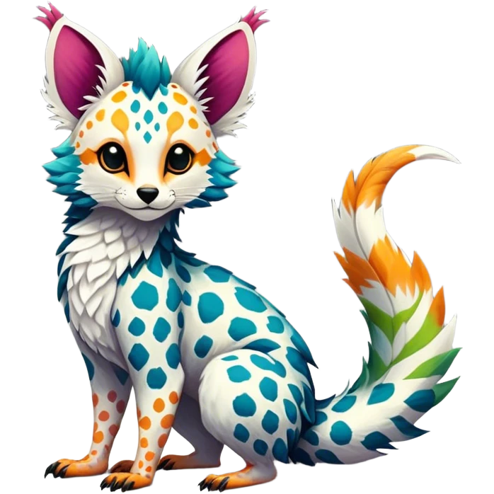 Feral Rare Fantasy vibrant tropical Vernid-Trico-species by LiLaiRa, random markings, tufted tail, tufted ears, full body emoji