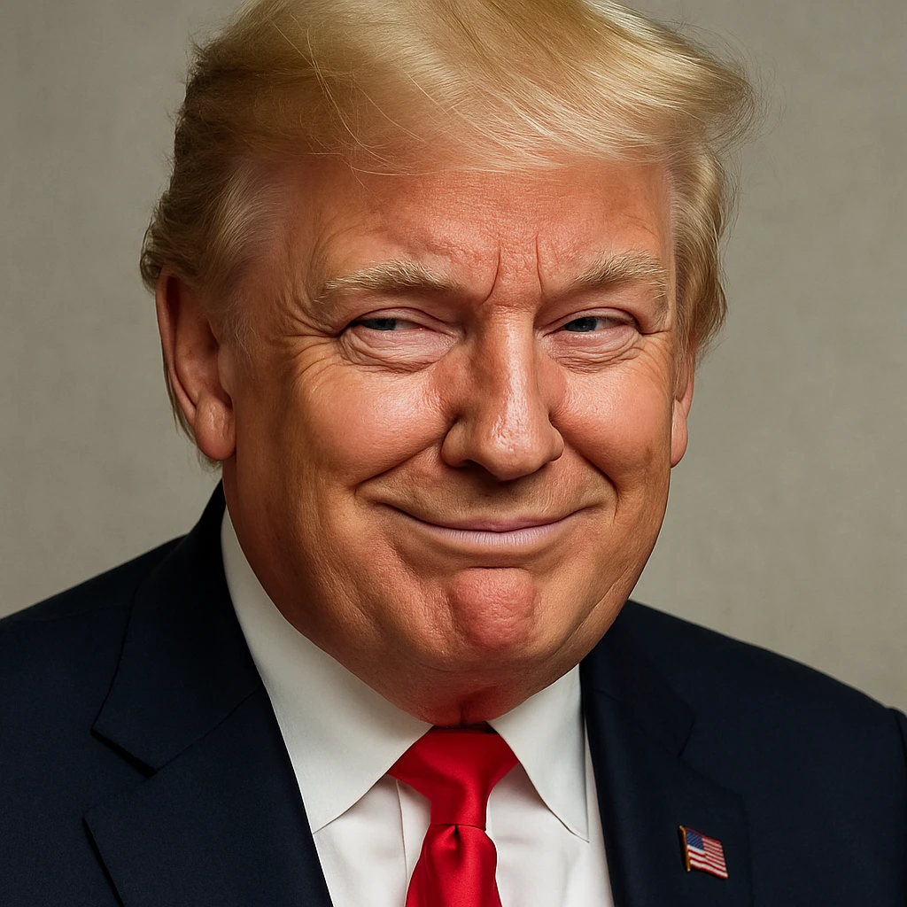 Enhance photorealism and vividness even further, keeping the very sly, cunning expression on Donald Trump's face, plain background, and a polished, high-quality finish in photorealistic style. emoji