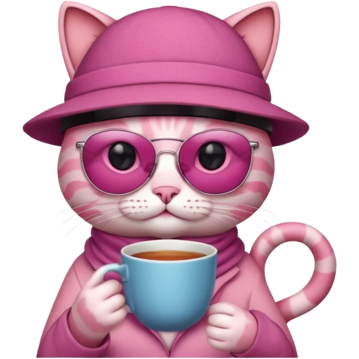 Pink cat with hat, holding cup of tea, wearing sunglasses emoji