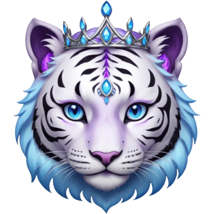 ESO Female white/black tiger khajiit leader of the umbral rose, glowing blue eyes, glowing blue 'third eye' gem; beautiful desined purple gemmed silver tiara emoji