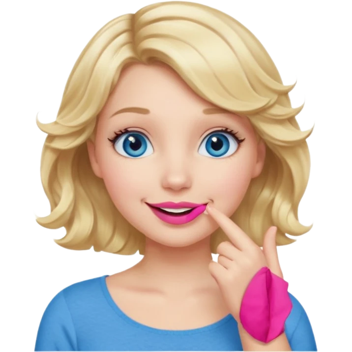 Girl Blonde short wavy hair,  blue eyes, cute blue top, long lashes, pink lips, smiling, hand over the mouth emoji