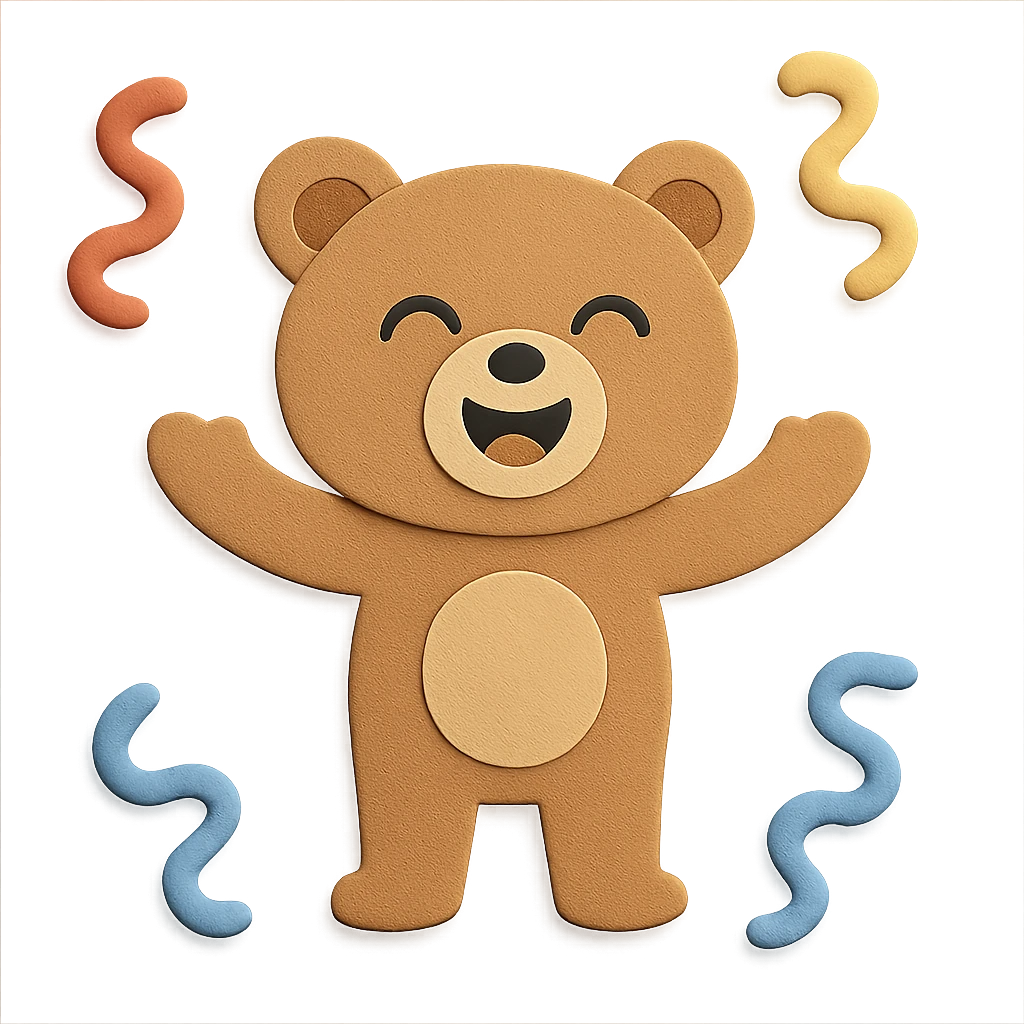 Make this bear full body with a laughing face, keep the swirly streamers around unchanged emoji