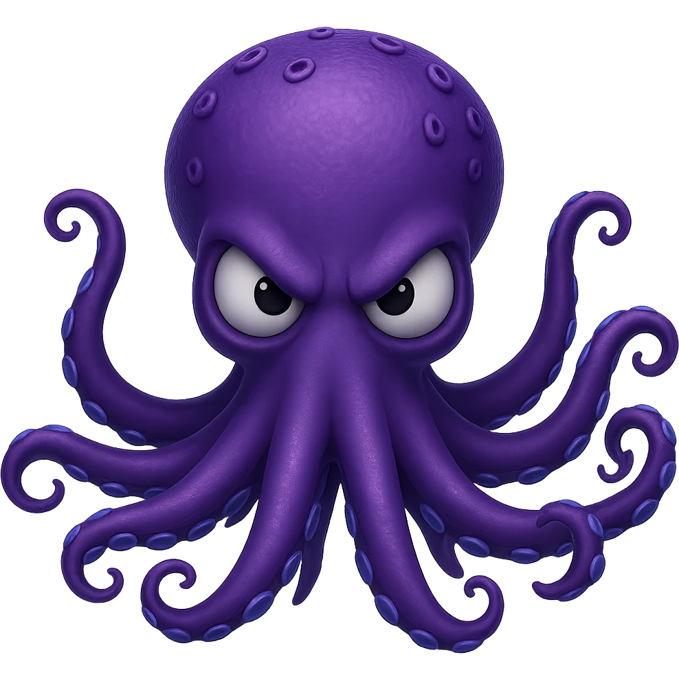 Remove the nose, make the octopus look scary, keep the purple color, with no background. Maintain the original style and details of the octopus while making it look scary and purple. emoji