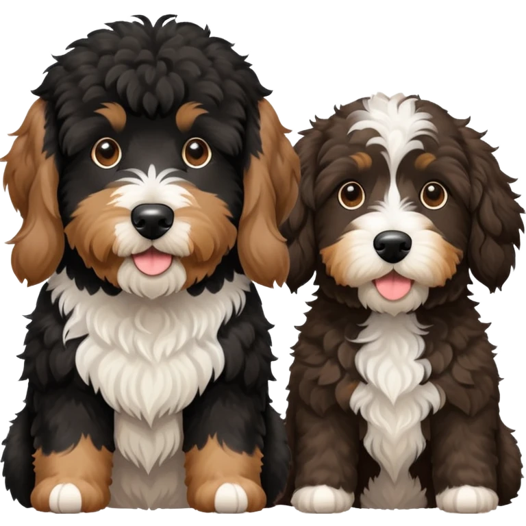 2 dogs: one light brown Aussiedoodle, one all-black Bernedoodle with white eyebrows some white markings, no brown coloring. Both same size. emoji