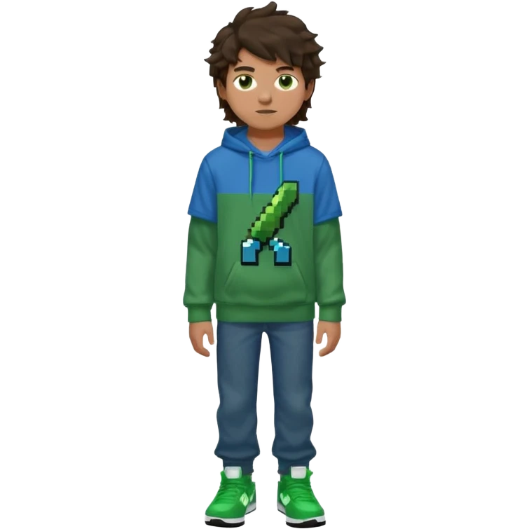 a 14 year old slightly tanned teenage boy with dark brown tousled wavy hair, dark brown eyes wearing a green tshirt, a dark green minecraft hoodie, blue jeans and green nike air jordans emoji