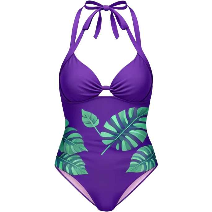 Retro purple halter tankini with high waisted leafy bottoms bathing suit emoji